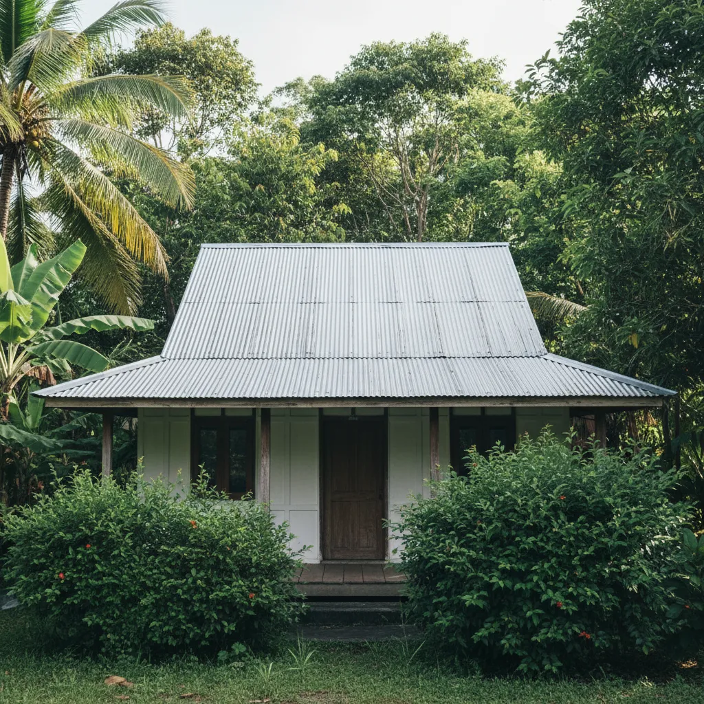 Casa con techo a dos aguas en zona tropical