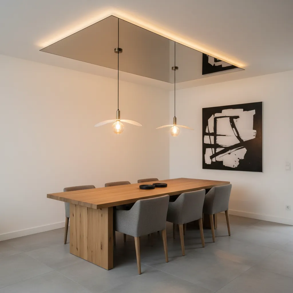Comedor contemporáneo con panel espejo en el techo reflejando una lámpara colgante