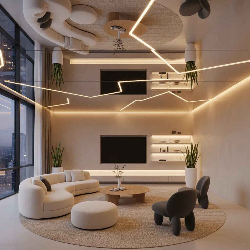 Techo espejo combinado con iluminación indirecta en un interior moderno