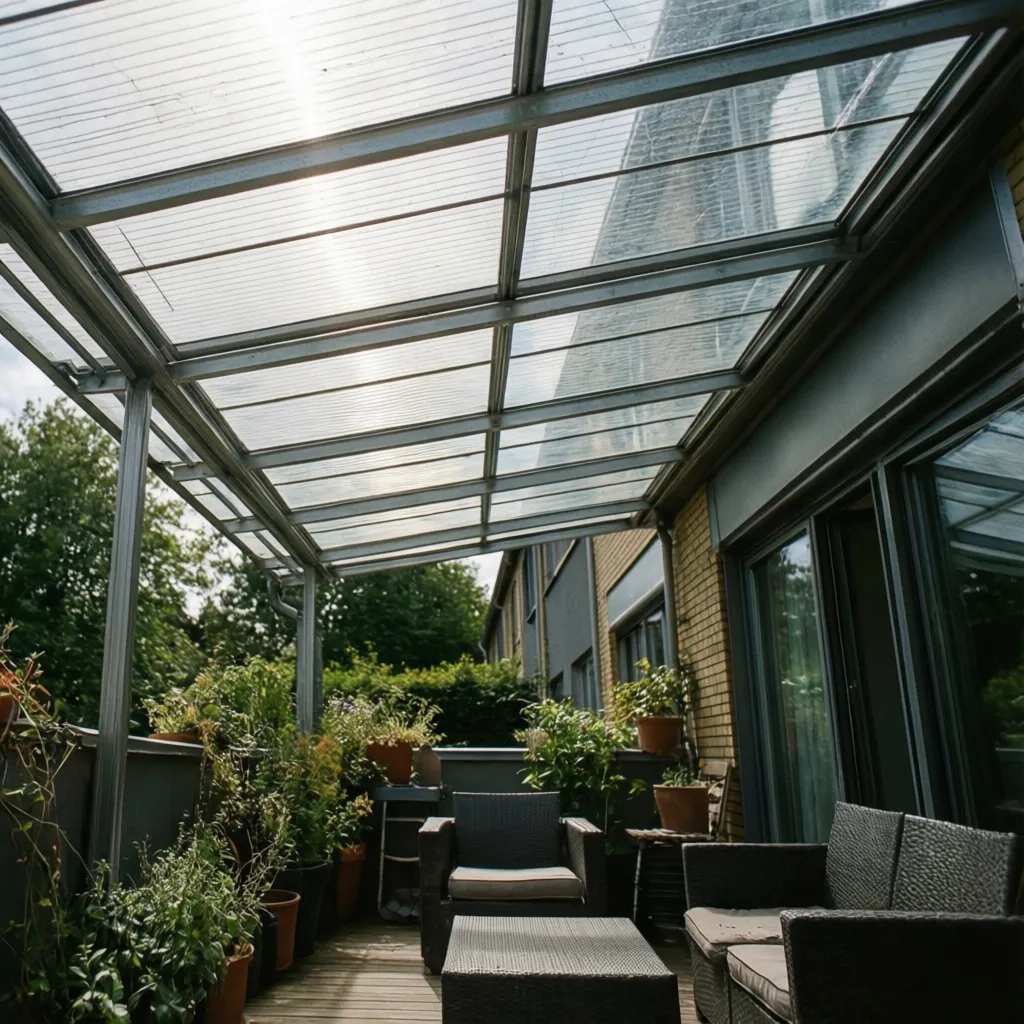Balcony area with clear plastic roof, dark outdoor sofa, small table, green plants, and building