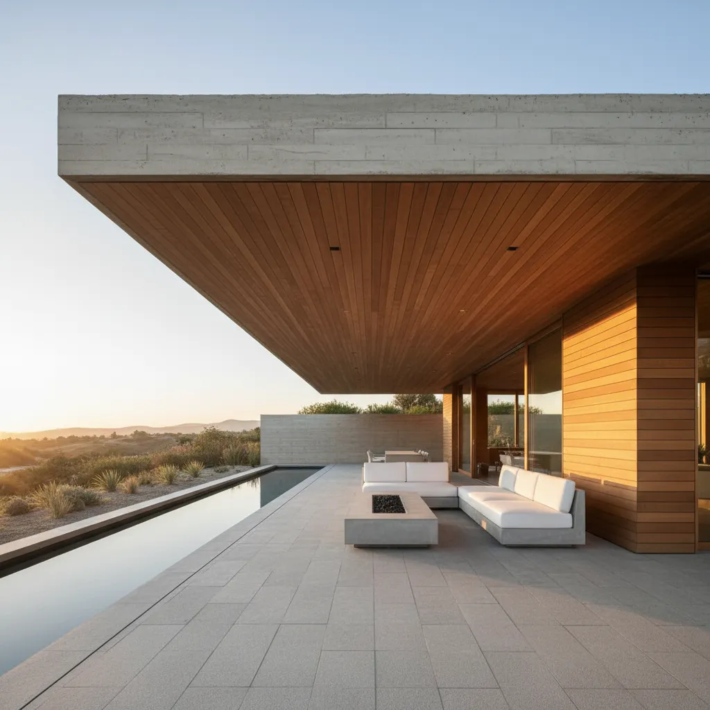 Large outdoor terrace with white sofa, stone fire pit, narrow pool, and wood wall panels