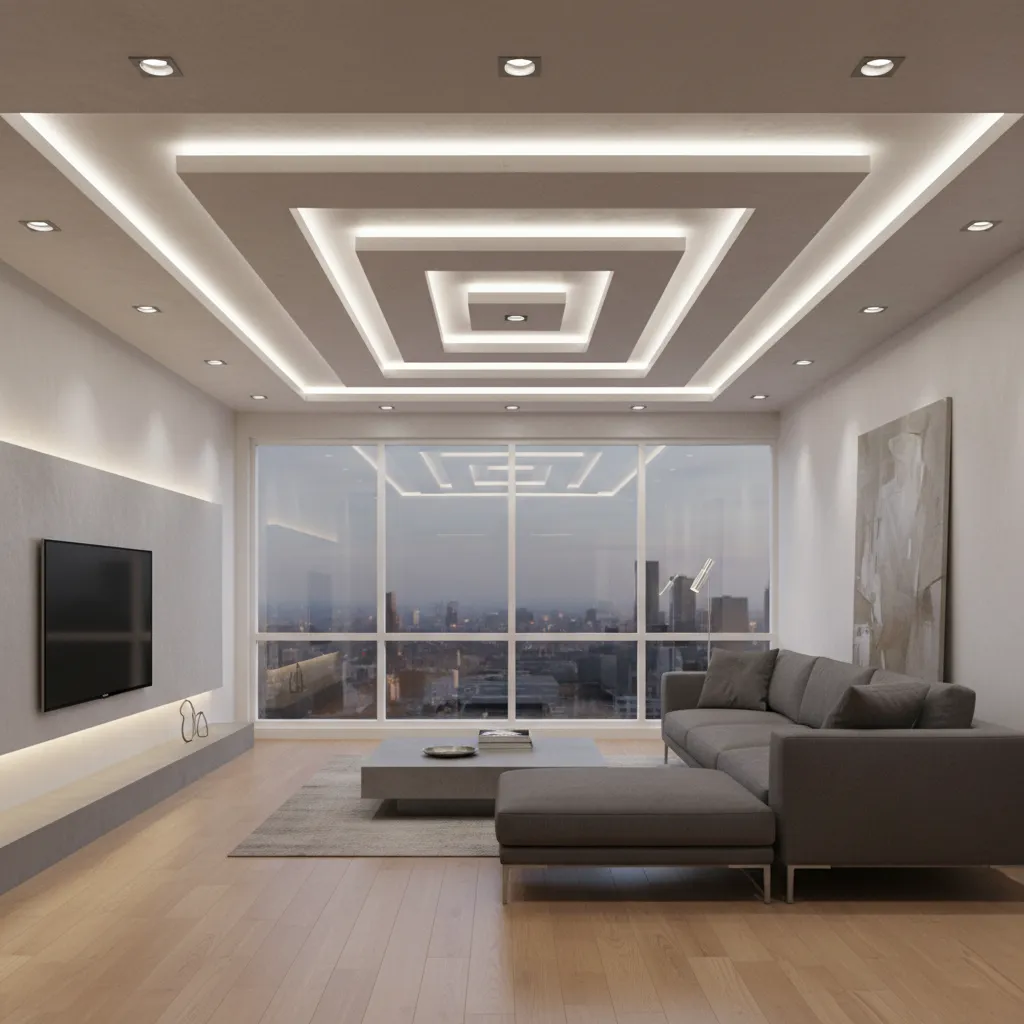 Diseño de falso techo con diferentes niveles y focos empotrados