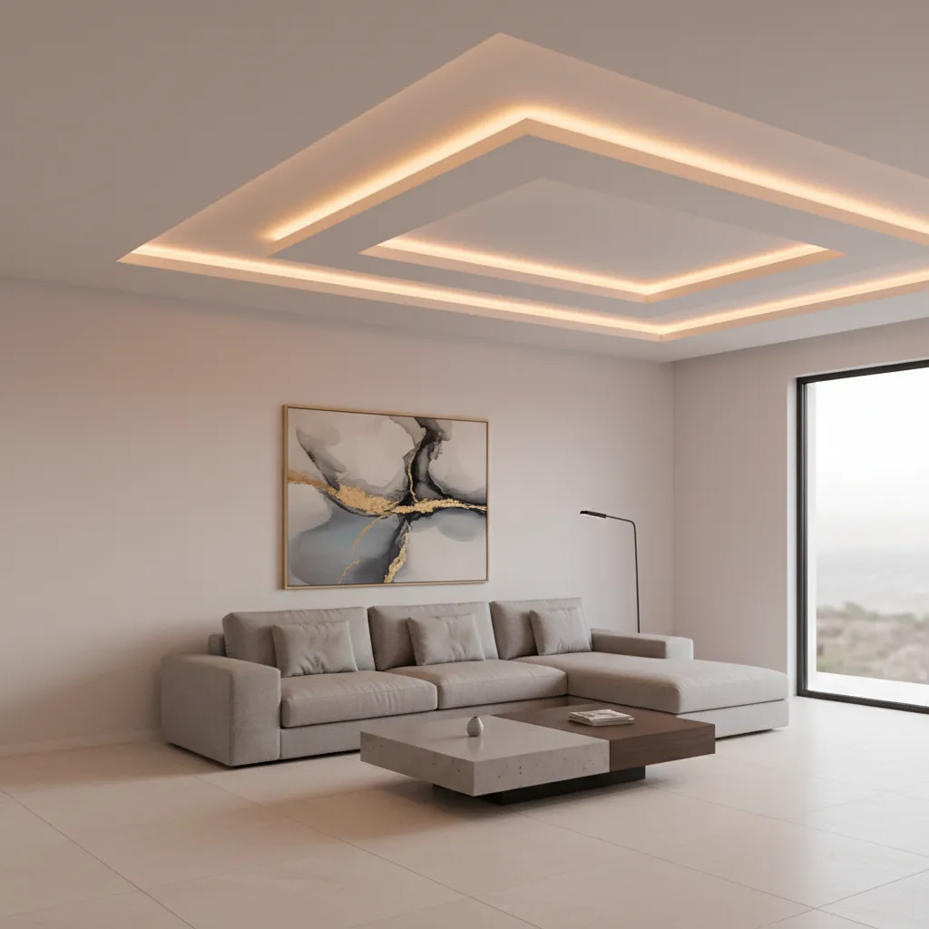 Techo con iluminación LED indirecta en un salón contemporáneo