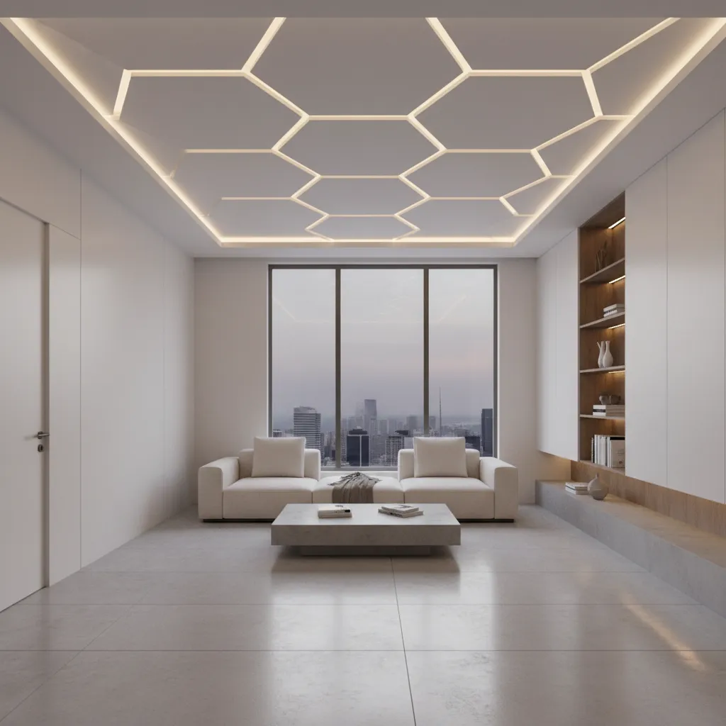 Techo geométrico de yeso con iluminación integrada
