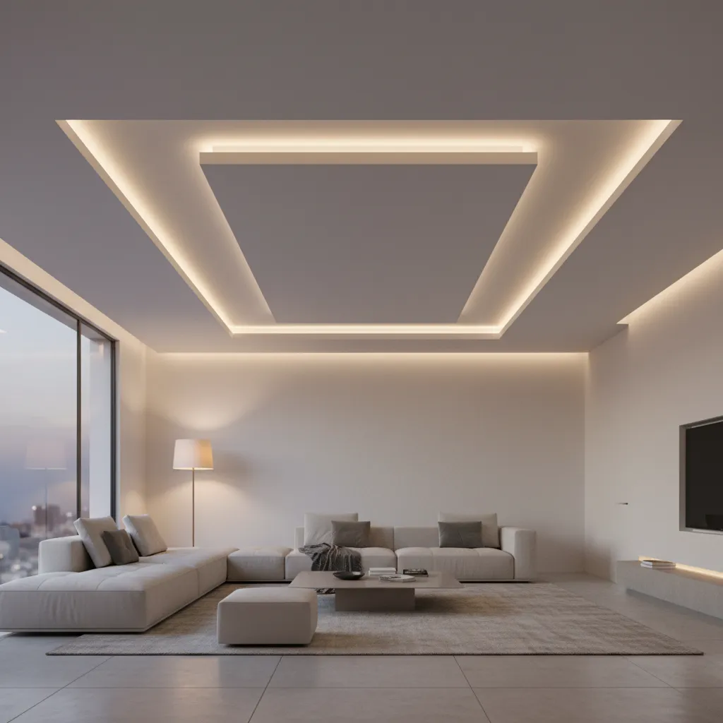 Techo con iluminación indirecta perimetral en un salón contemporáneo