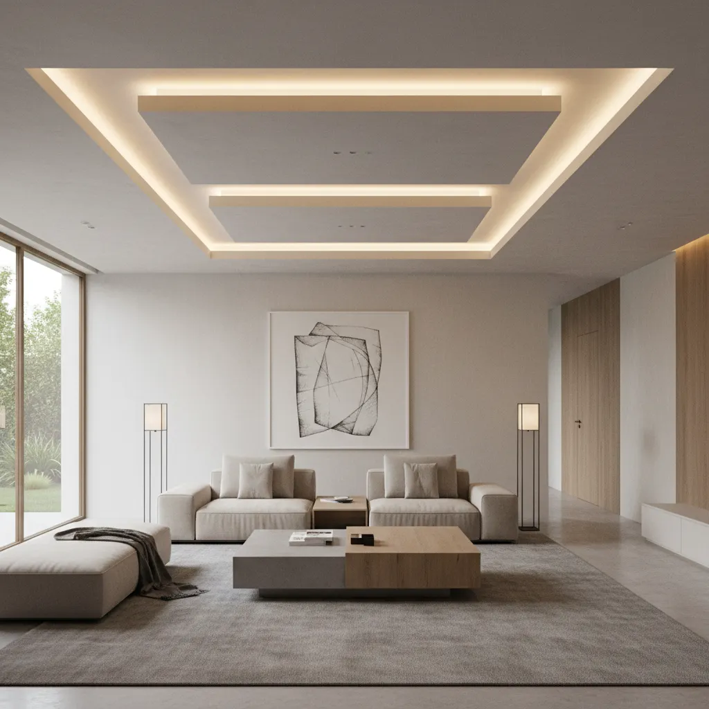 Salón moderno con techo flotante e iluminación LED indirecta