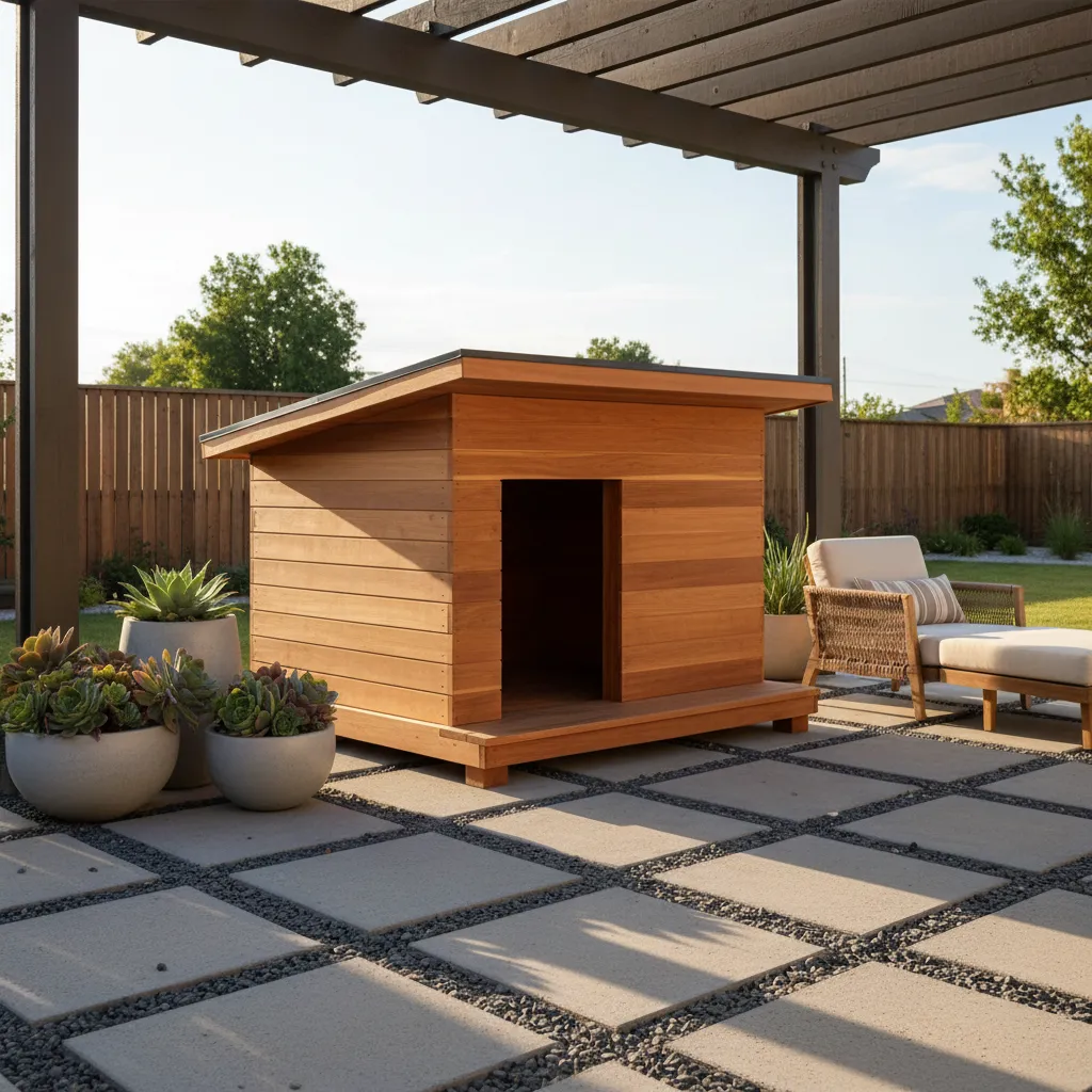 Wooden dog house on stone patio tiles with potted plants and outdoor chair under pergola