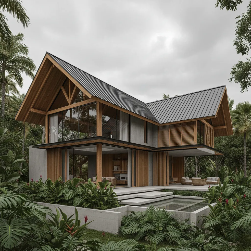 Casa con techo inclinado diseñada para clima tropical lluvioso