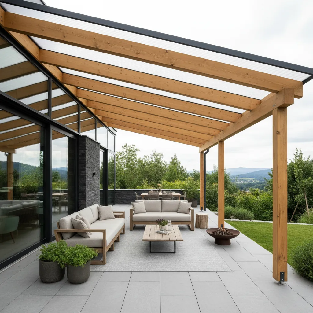 terraza con techo exterior inclinado para lluvia