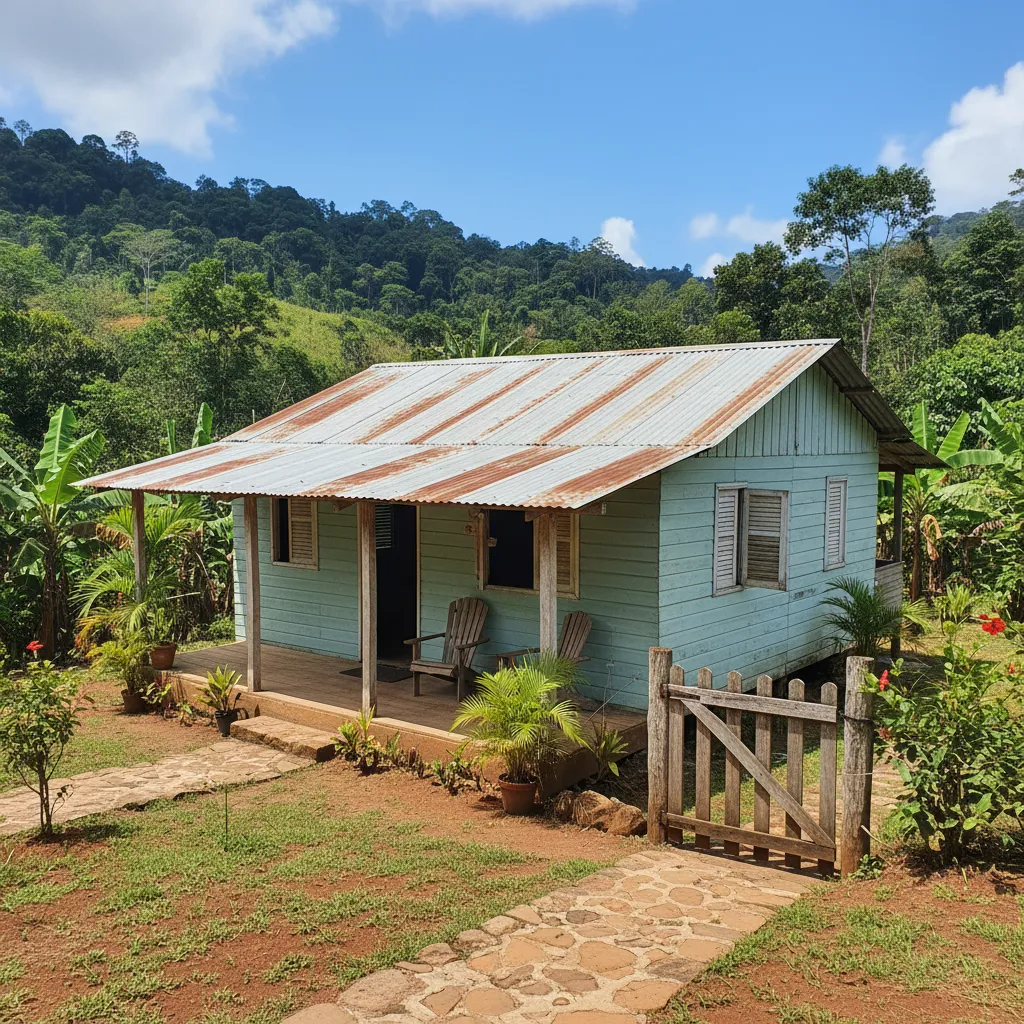 Casa con techo de lámina metálica en clima tropical