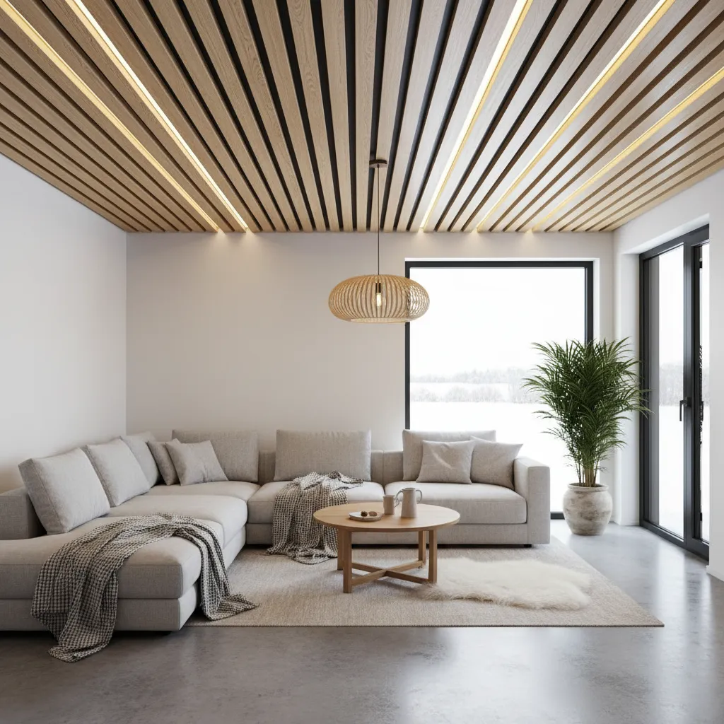 Techo decorativo con listones de madera y luces LED