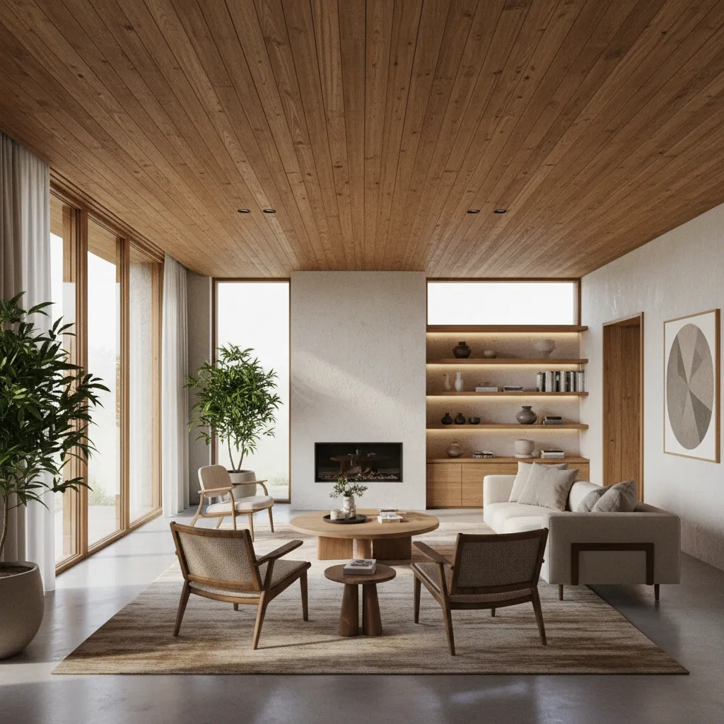 Techo interior con paneles de madera en una sala elegante