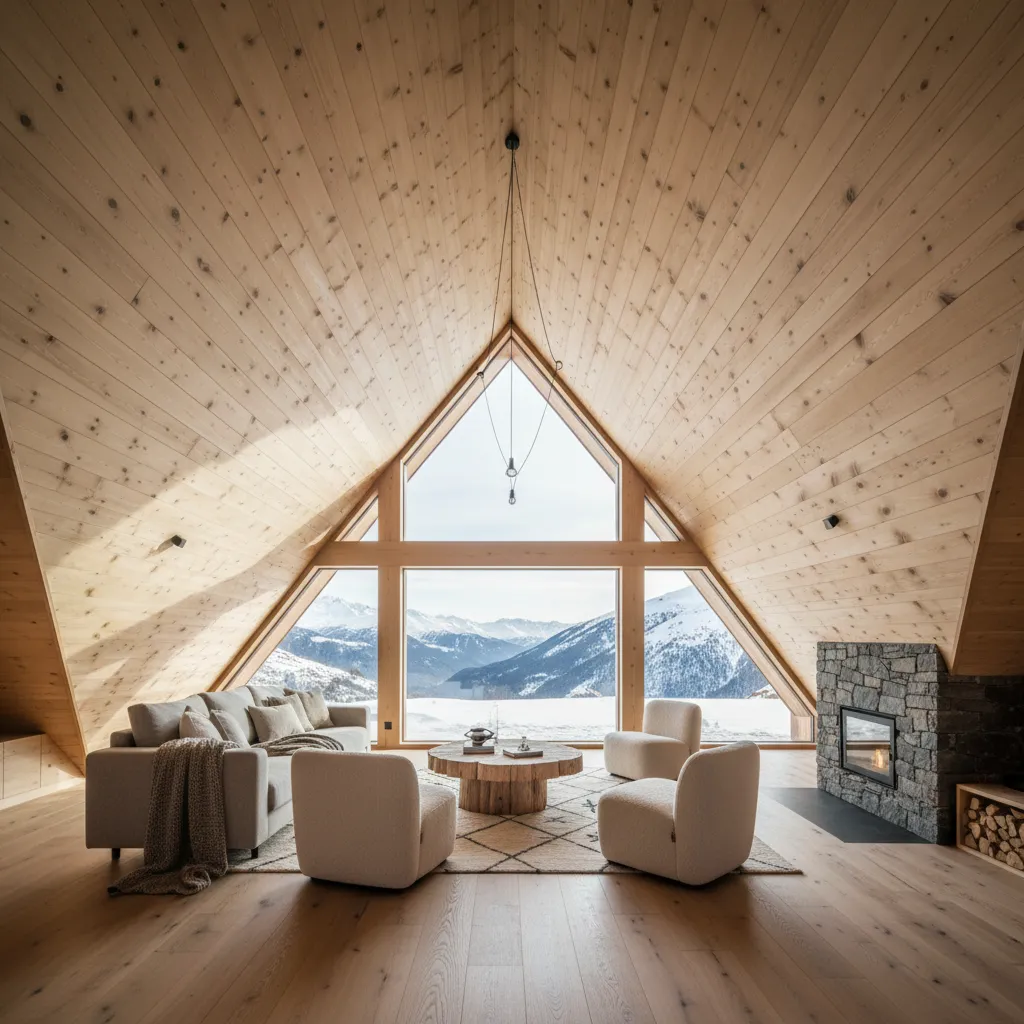 Techo de madera inclinado en una casa tipo chalet