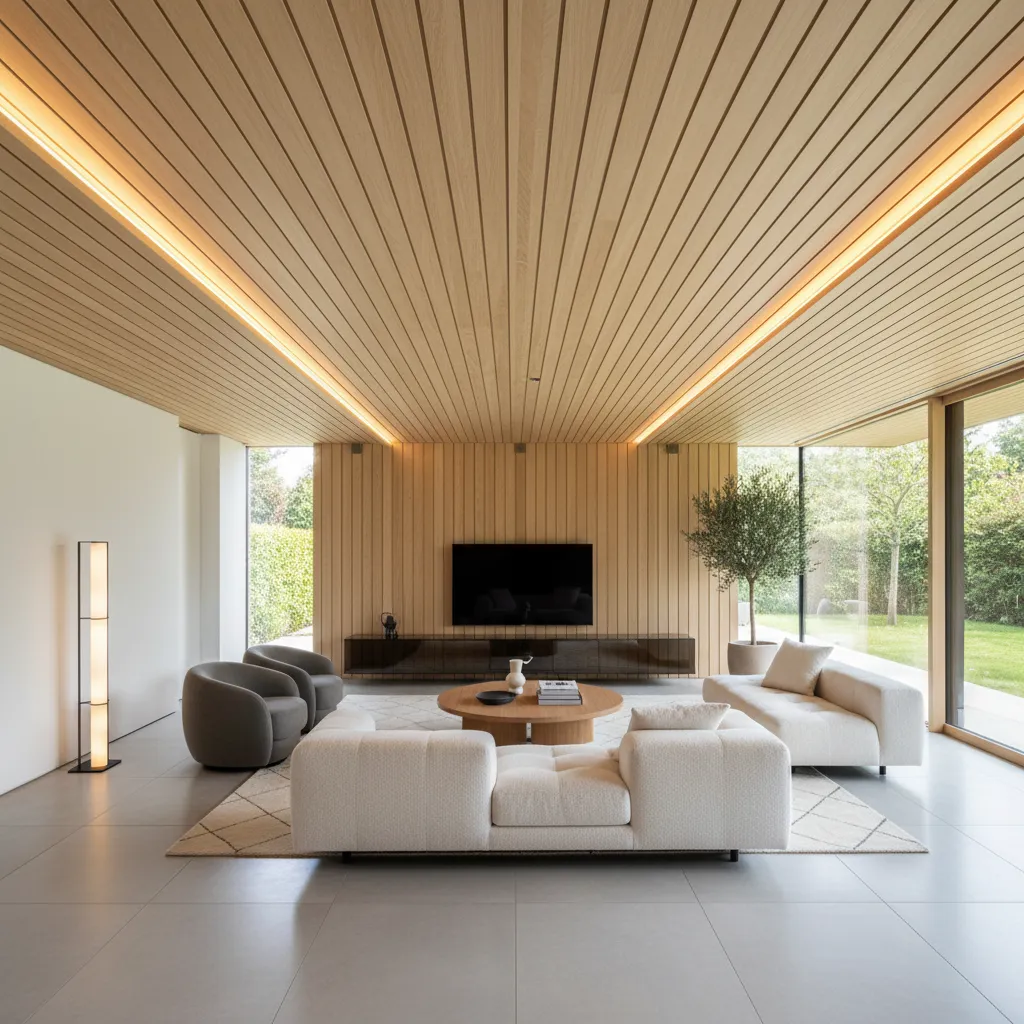 Techo de madera natural en salón contemporáneo