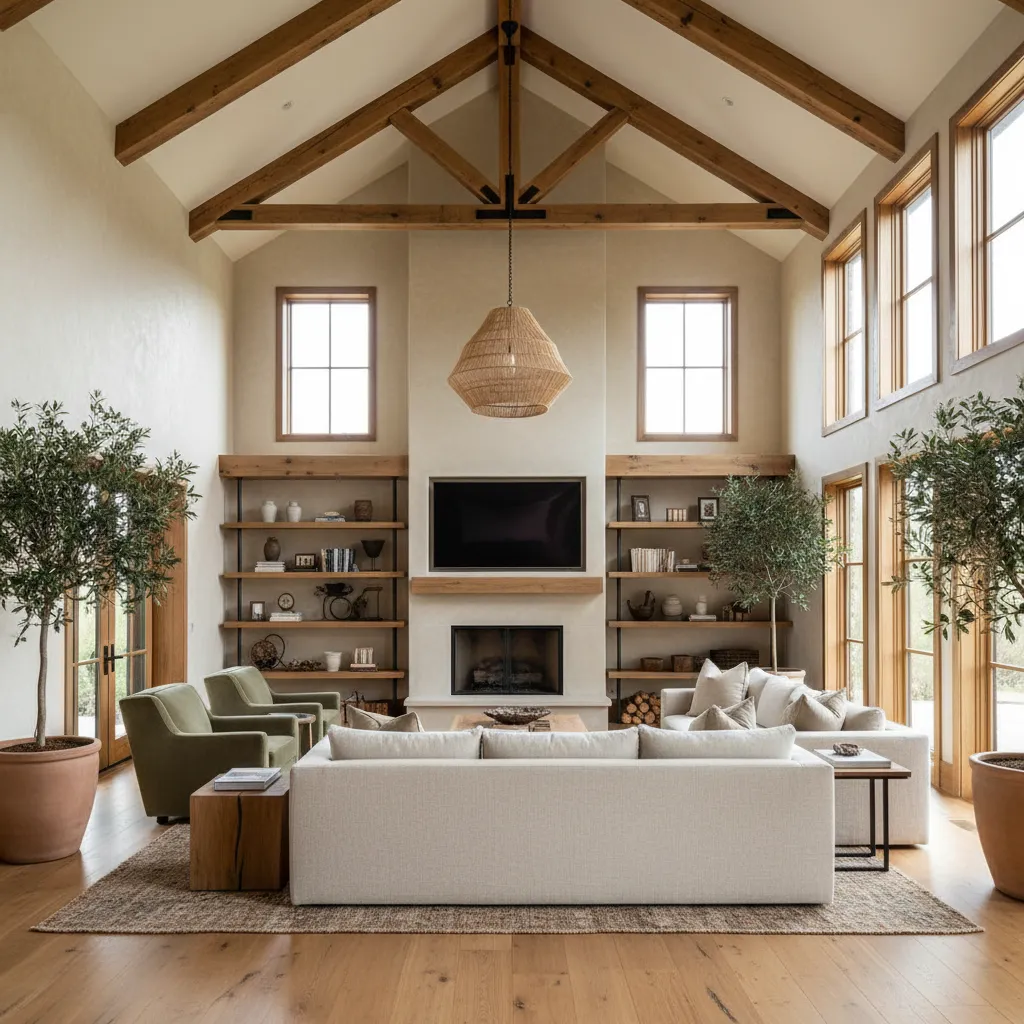 Salón con techo de madera y vigas expuestas