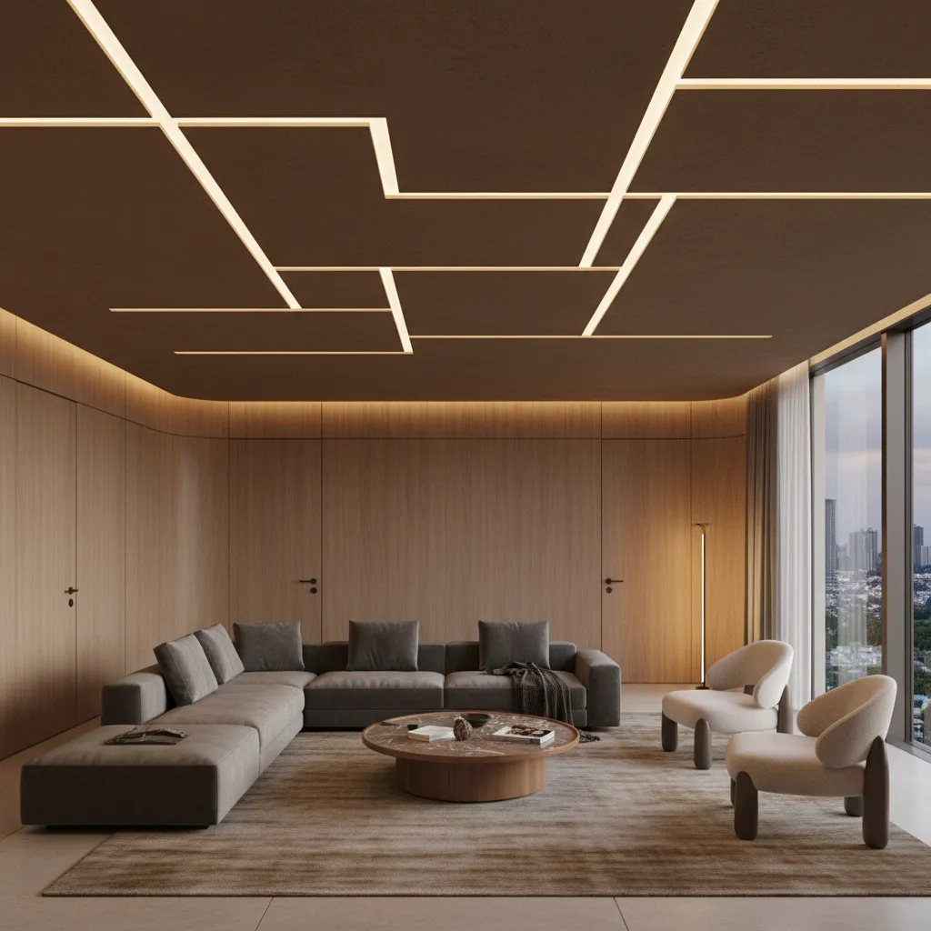 Diseño moderno de techo marrón con iluminación integrada