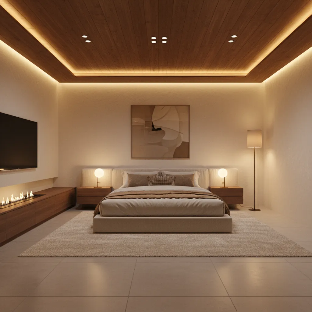 Dormitorio moderno con techo marrón y luz LED