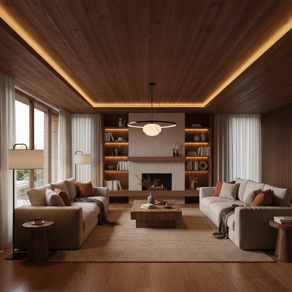 Salón con techo marrón y luz LED cálida