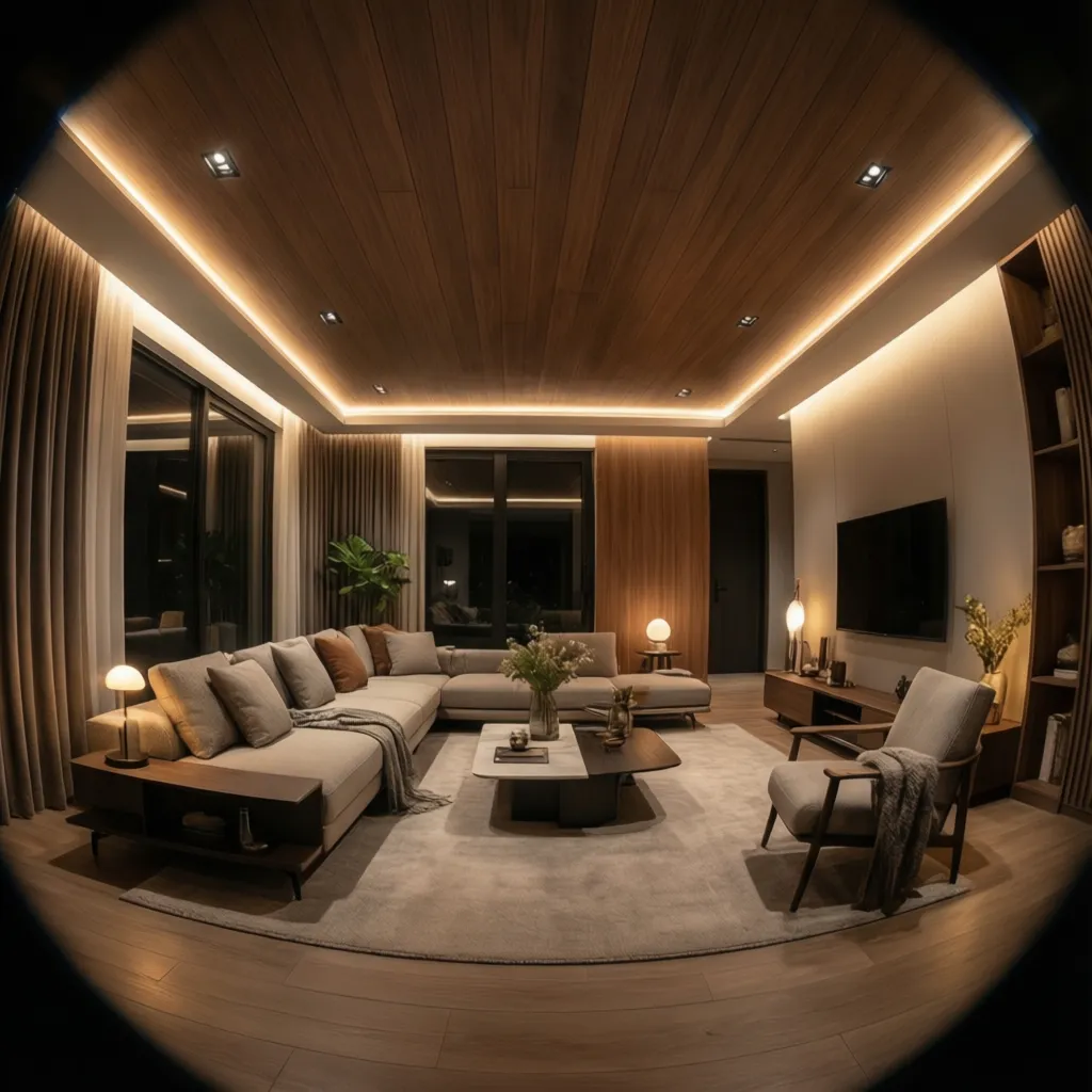 Techo marrón con LED en decoración de interiores