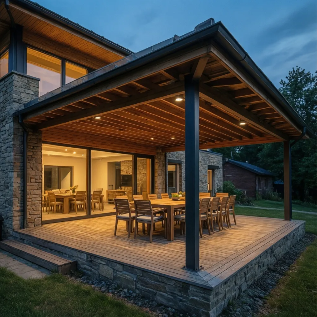 Outdoor wooden deck at night with large dining table chairs wooden roof and stone wall