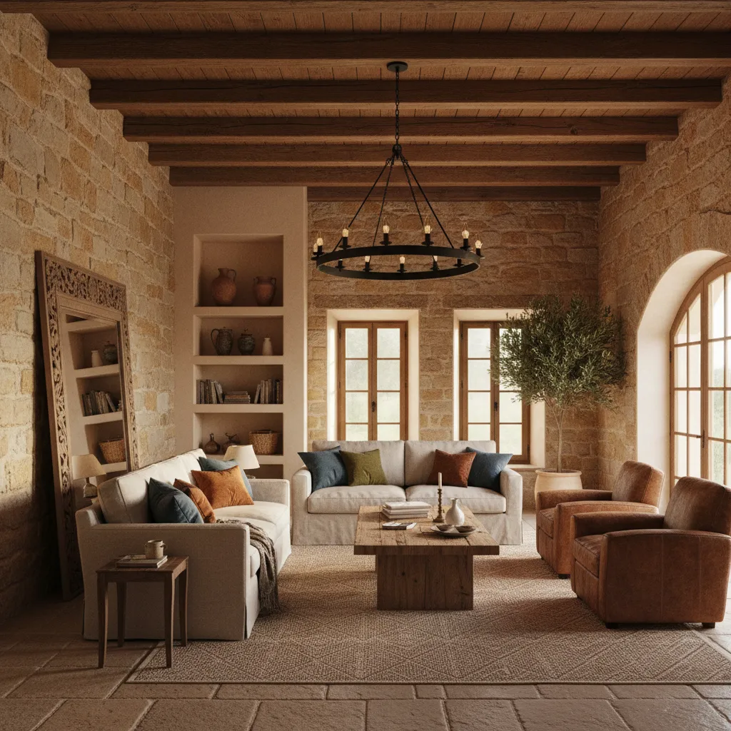 Sala con techo alto y vigas decorativas de madera