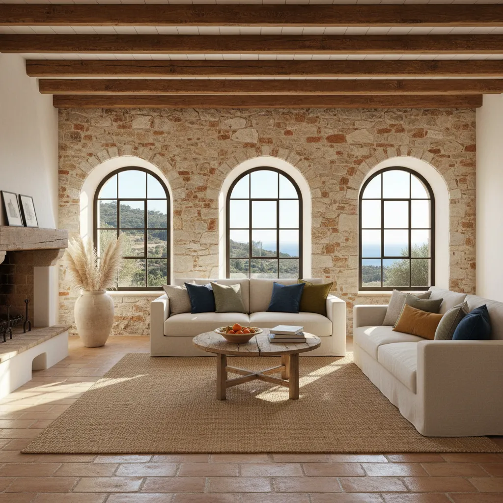 Techo con vigas de madera en salón de estilo mediterráneo