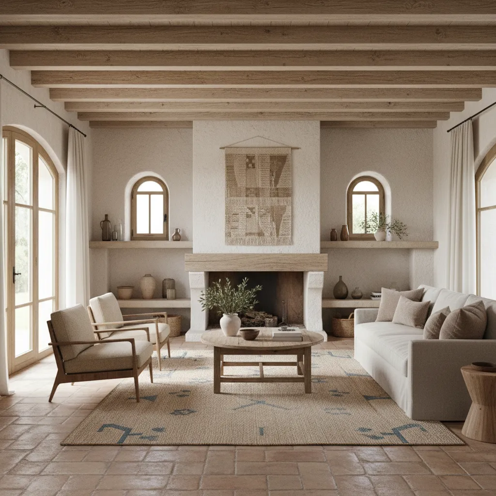 Techo con vigas de madera en salón estilo mediterráneo