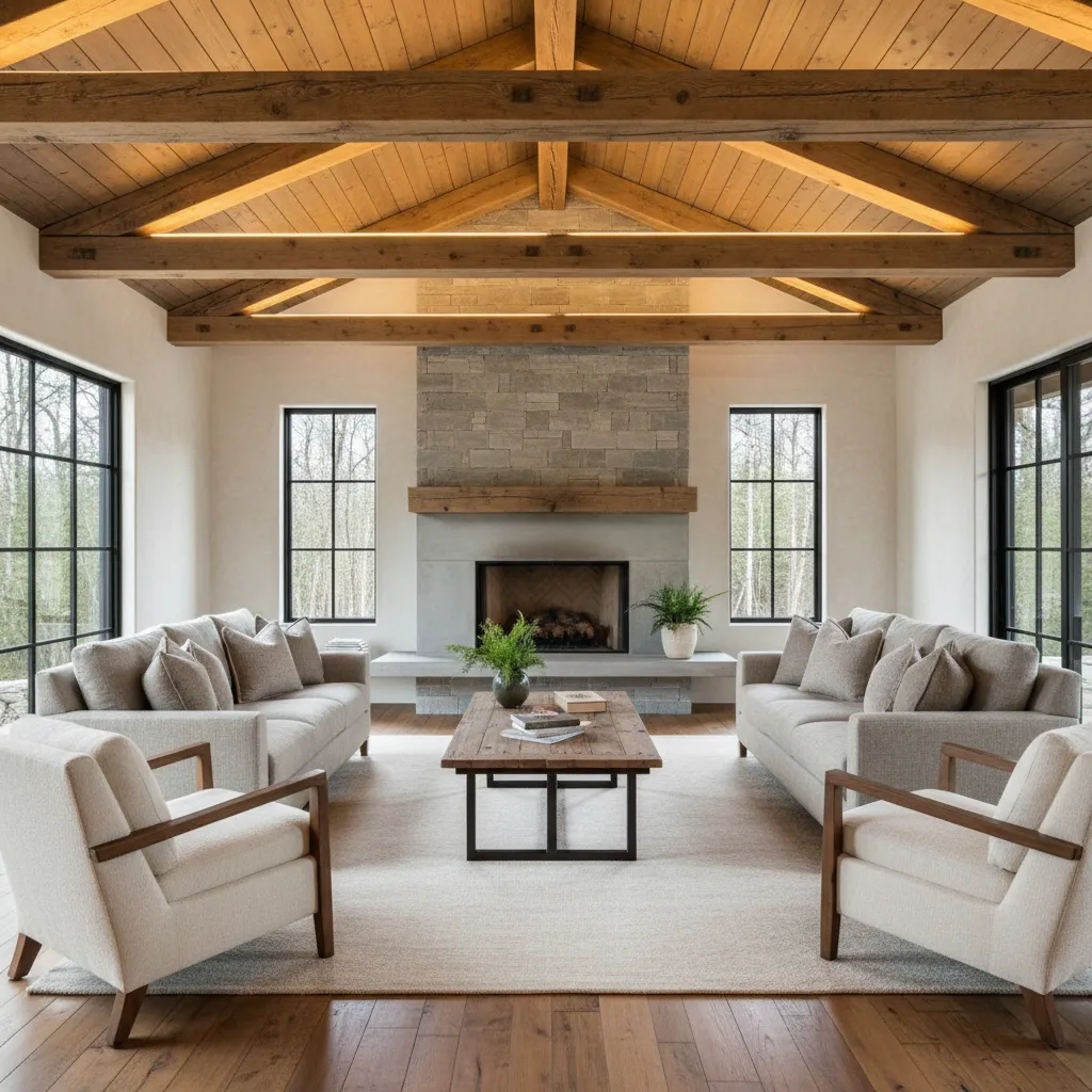 Salón con techo interior con vigas de madera expuestas