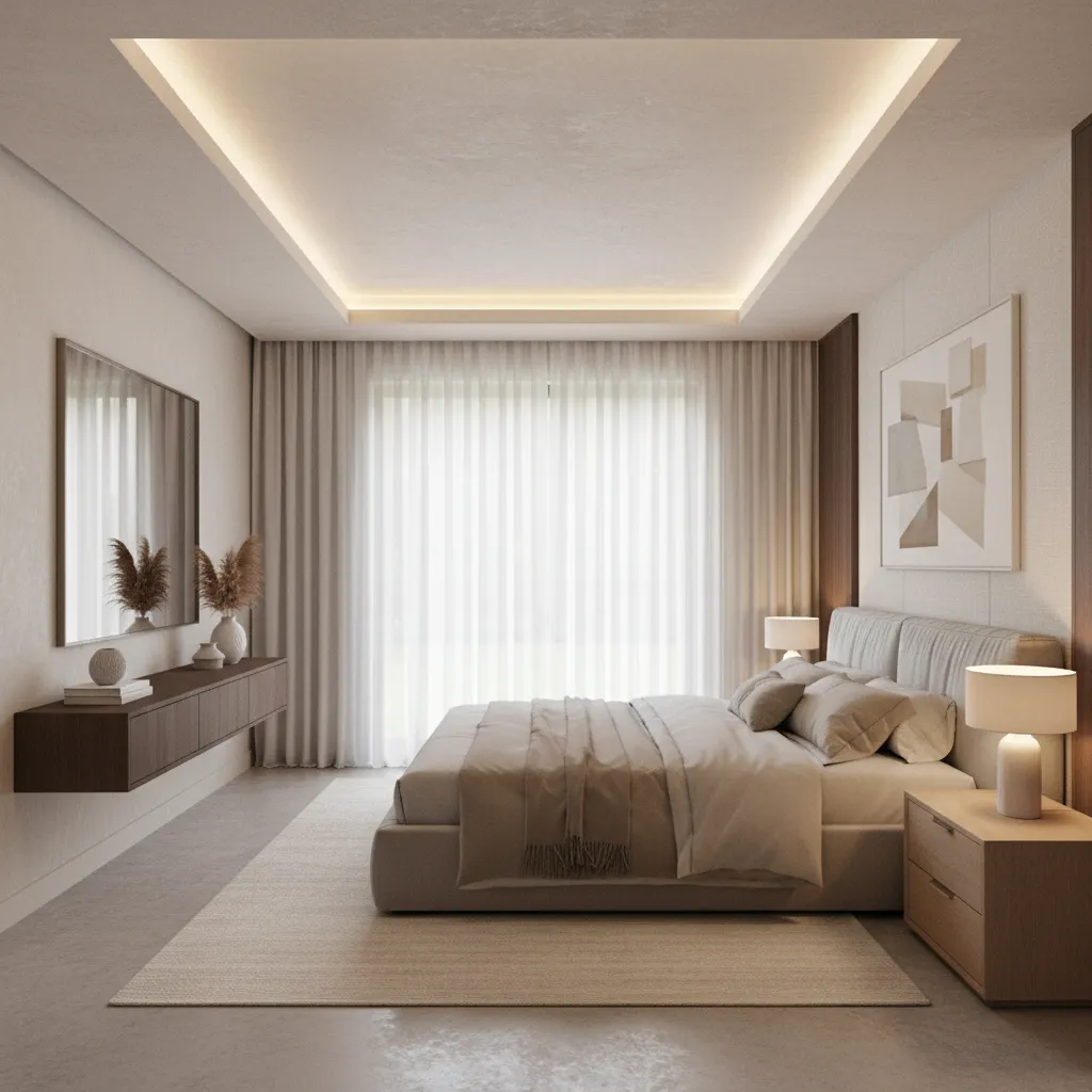 Dormitorio con techo de yeso tipo bandeja y luz indirecta