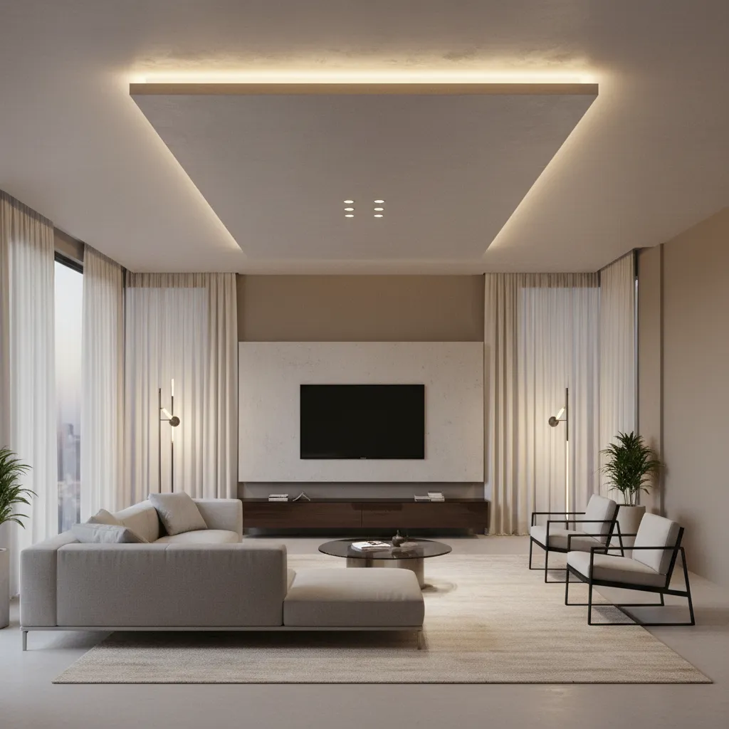 Techo flotante de yeso con iluminación LED perimetral en un salón