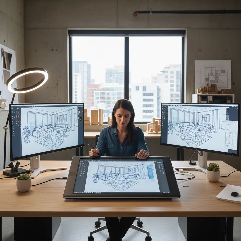 Diseñador usando tableta gráfica para crear un proyecto de interiorismo