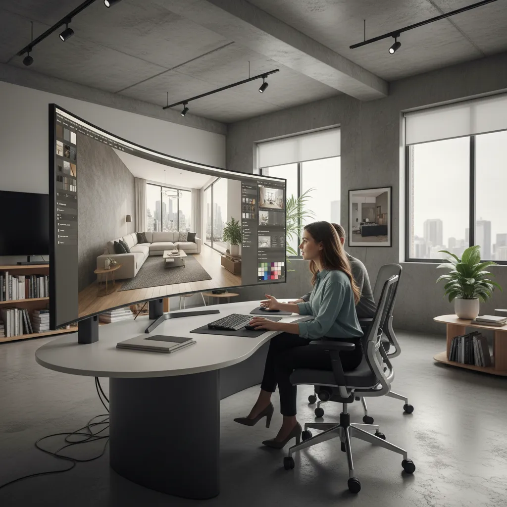 Woman and man in office using curved monitor to create modern living room interior design