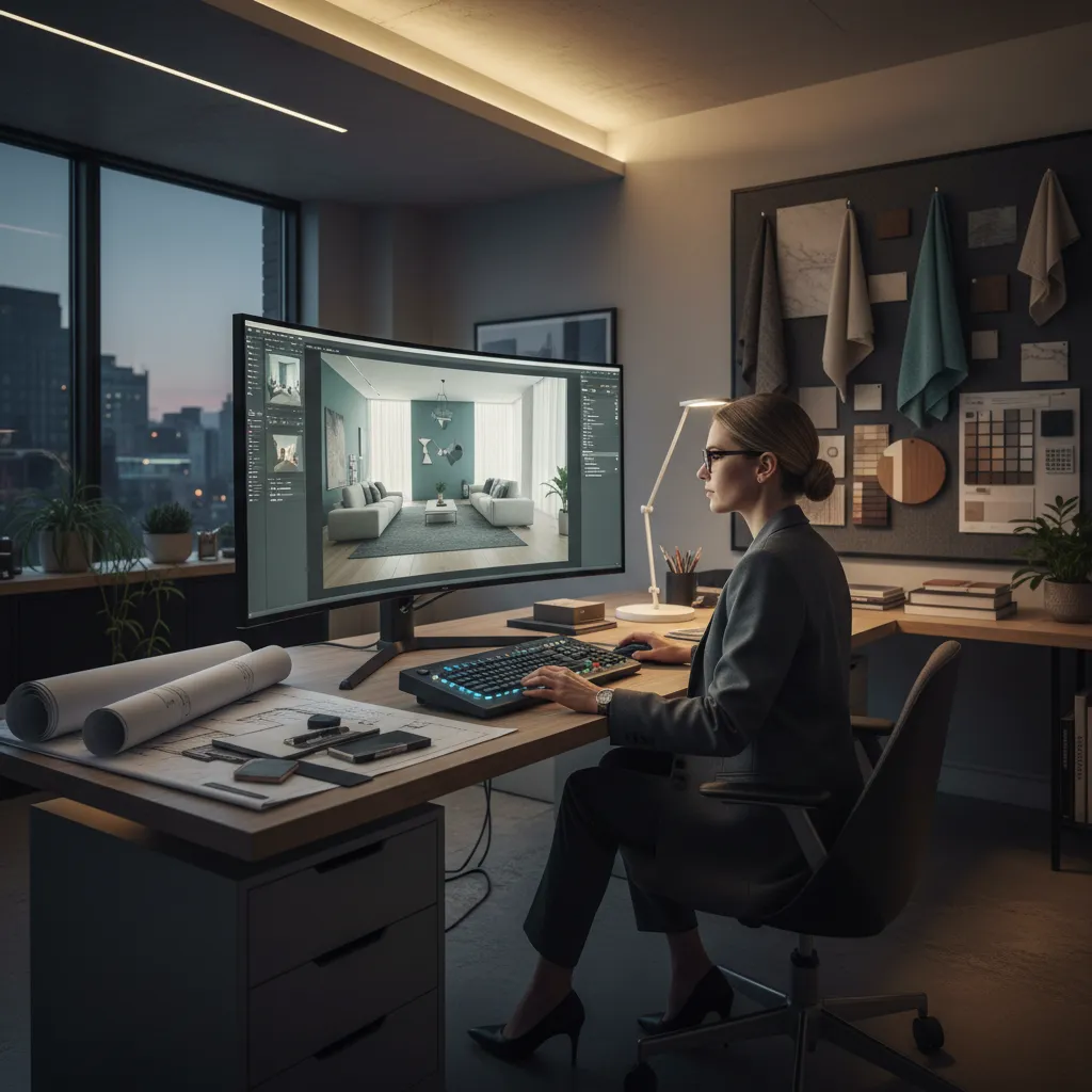 Diseñador utilizando software 3D para planificar mobiliario en una vivienda