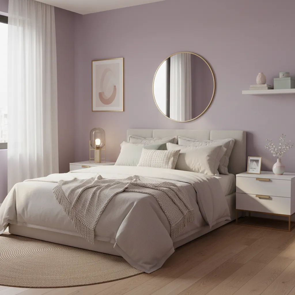 teen girl bedroom with lavender and neutral color palette and modern decor