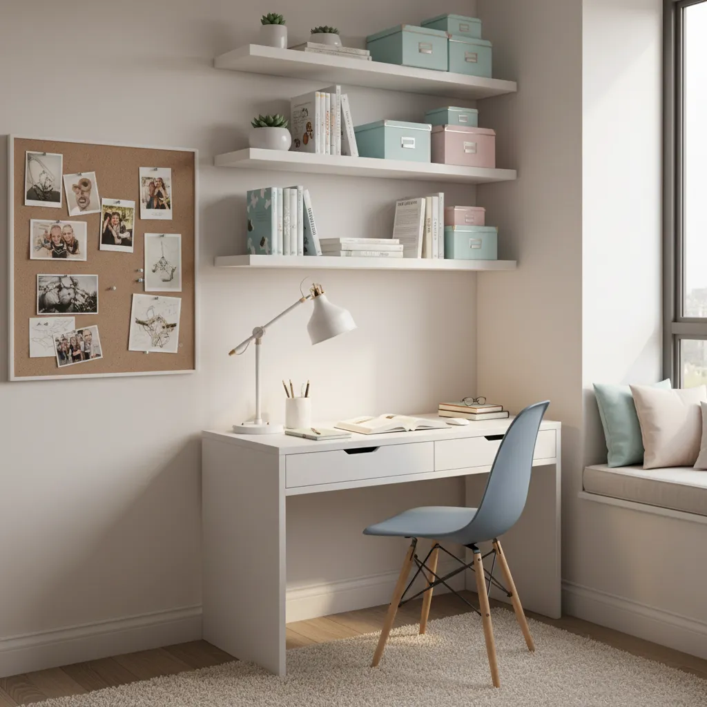 stylish teen bedroom study desk with shelves and warm lighting