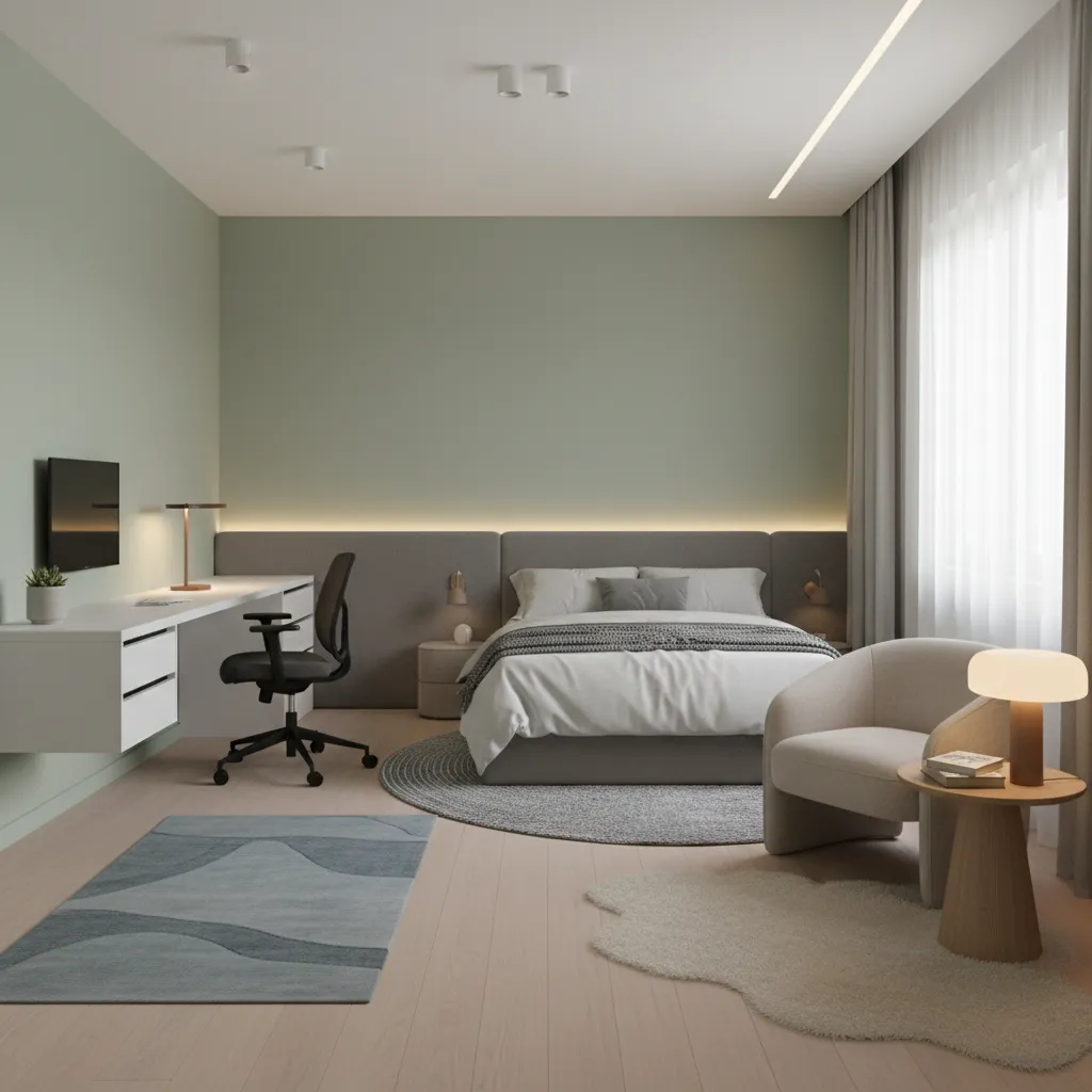 Small teenage bedroom divided into sleep study and relax zones