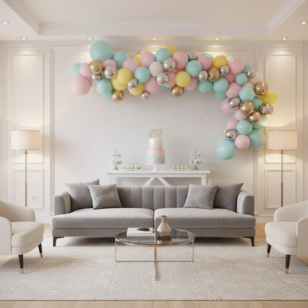 teen birthday party backdrop with balloon garland and cake table