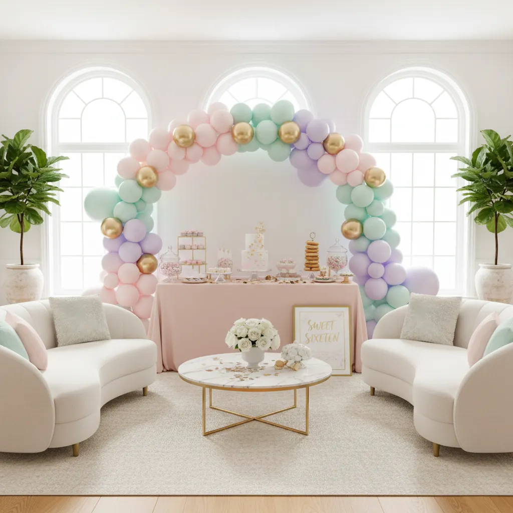 stylish 13th birthday party setup with balloons backdrop and decorated table