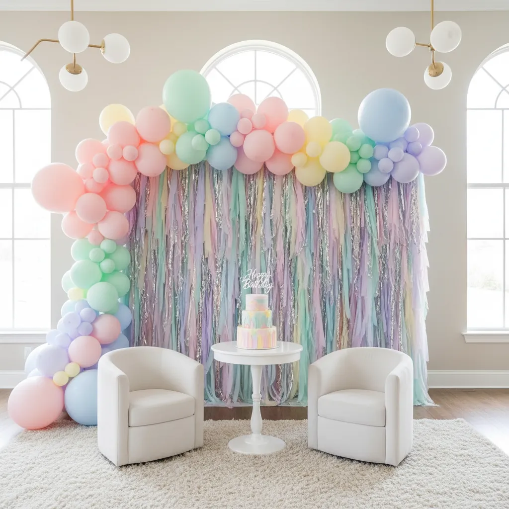 teen birthday party photo backdrop with pastel balloon garland