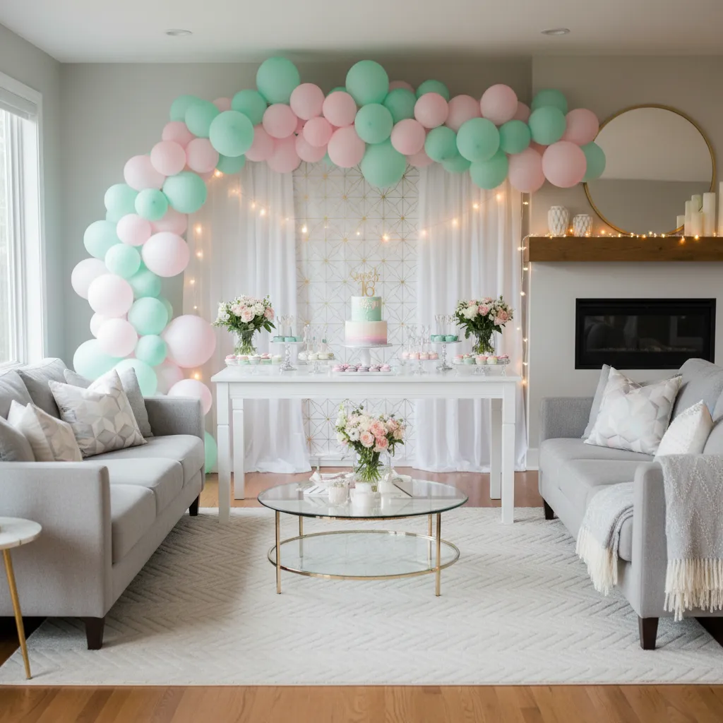 example of a teen birthday decoration theme with coordinated balloons and backdrop