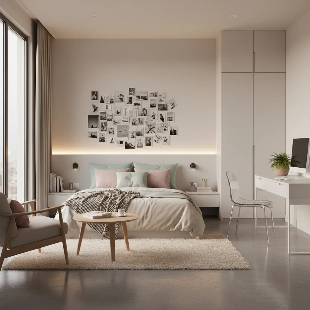 aesthetic teenage girl bedroom with cozy bedding LED lights and wall decor