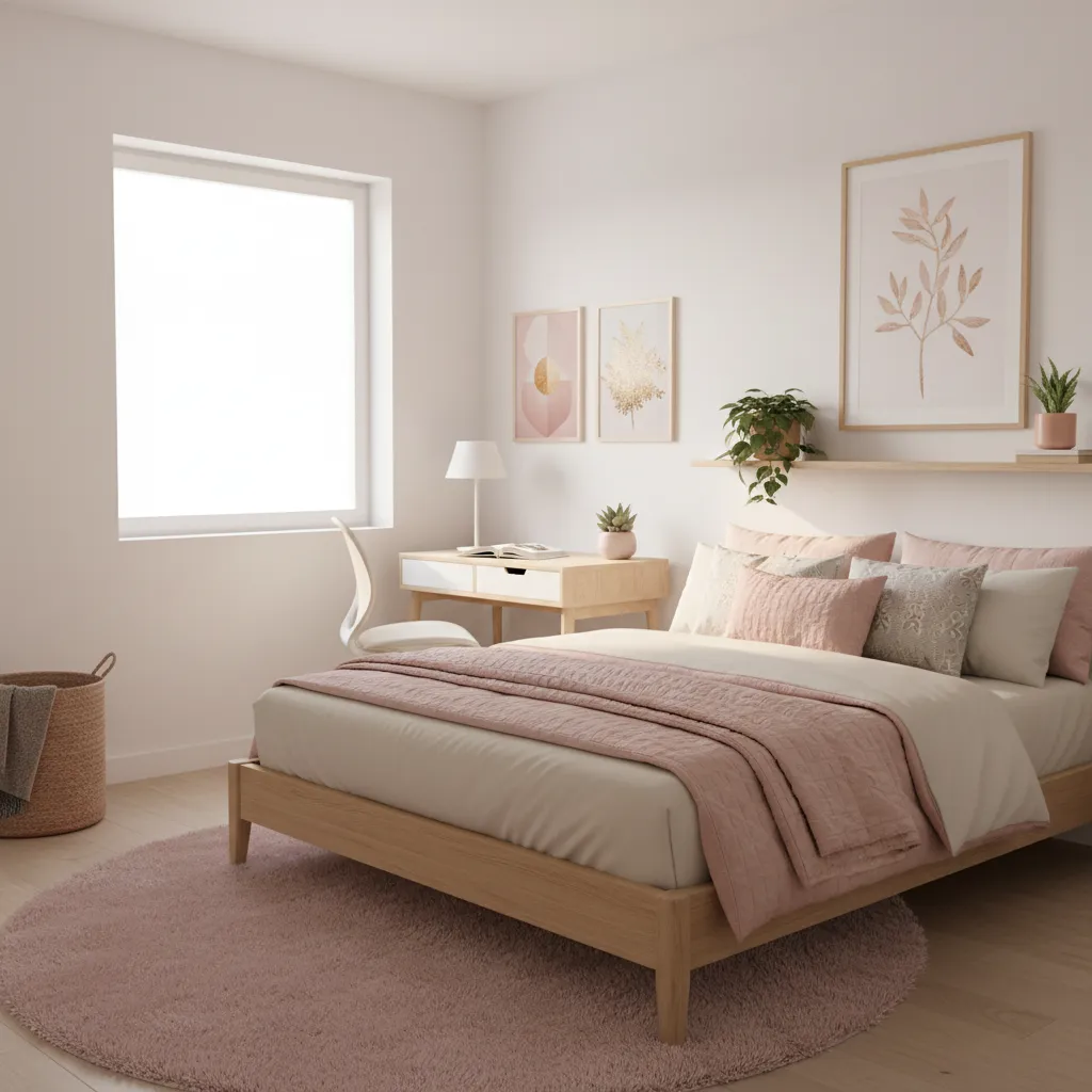 Modern teenage girl bedroom with soft colors and cozy decor