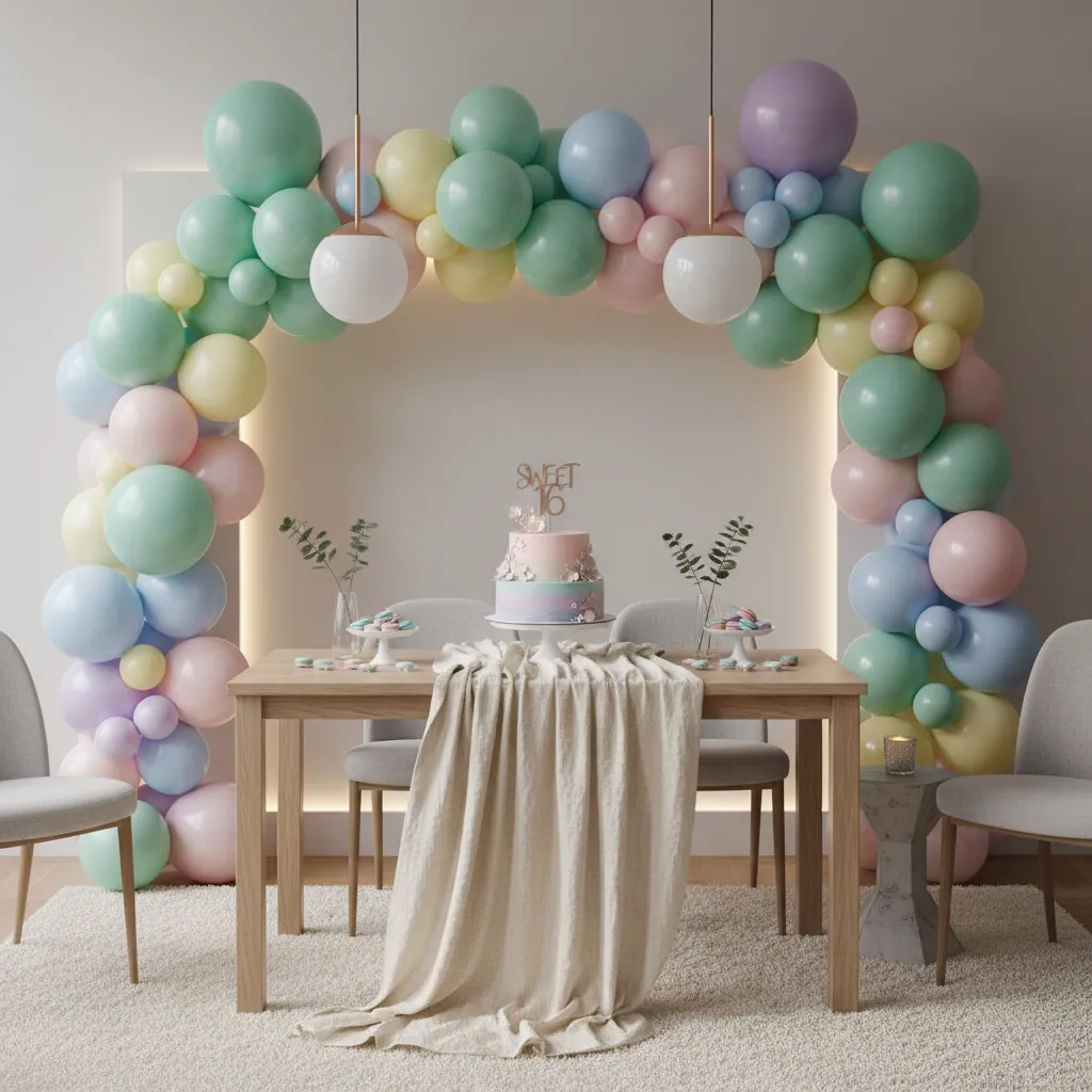 teen birthday party decorated with coordinated pastel color palette balloons and table decor