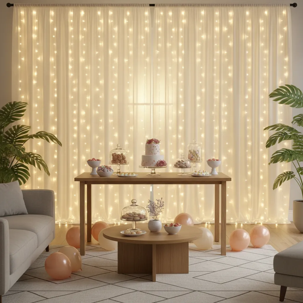 Fairy lights and curtain backdrop creating atmosphere for a teen birthday party