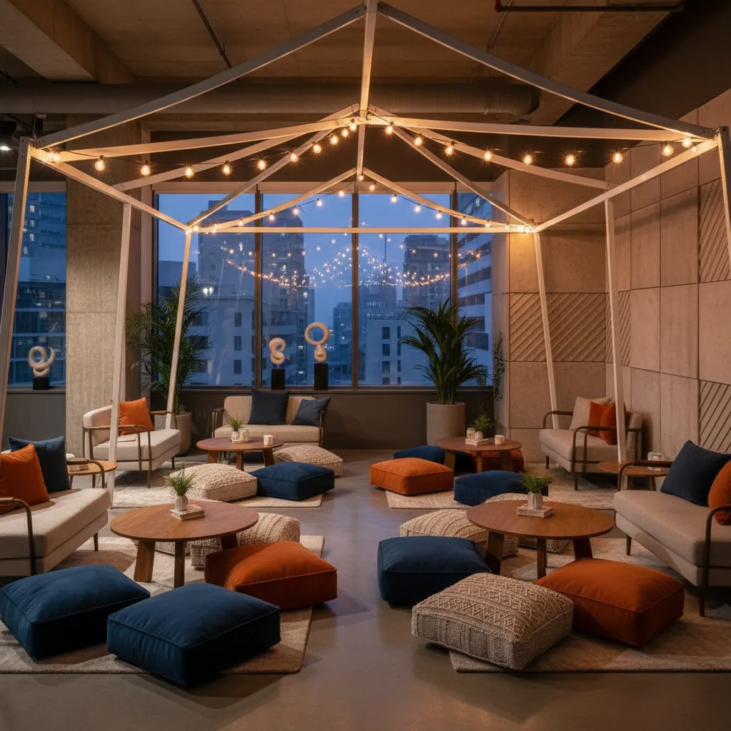 teen birthday party lounge seating area with decorative lighting
