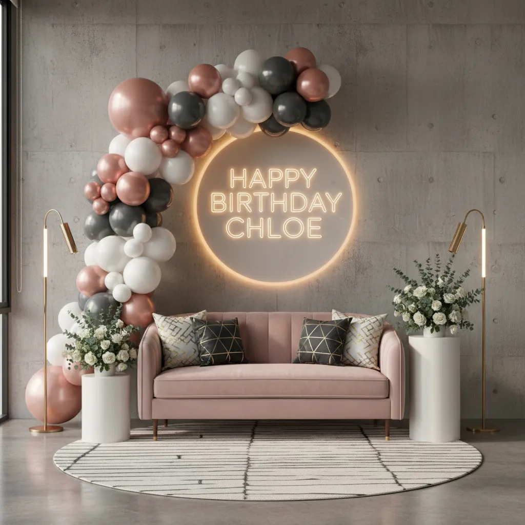 teen birthday party photo backdrop with balloons lights and personalized decorations