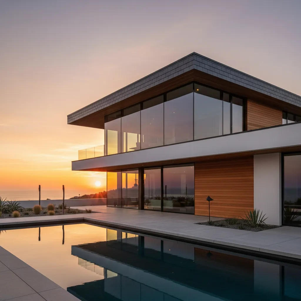 Casa moderna con tejado de teja plana oscura