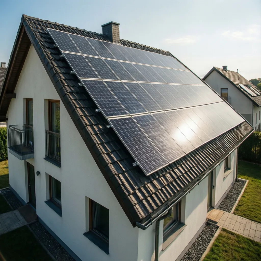 Tejado inclinado con paneles solares perfectamente alineados