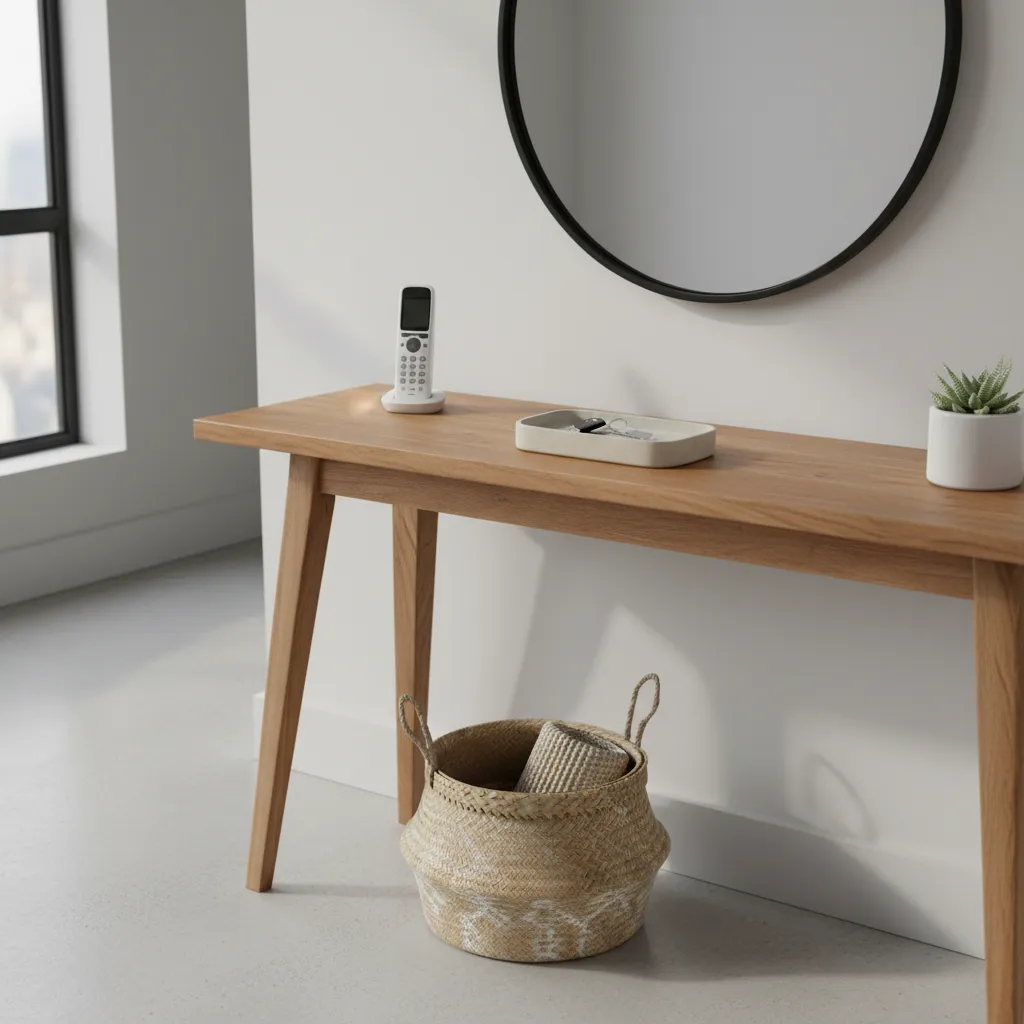 Teléfono fijo colocado en una consola de recibidor con decoración minimalista