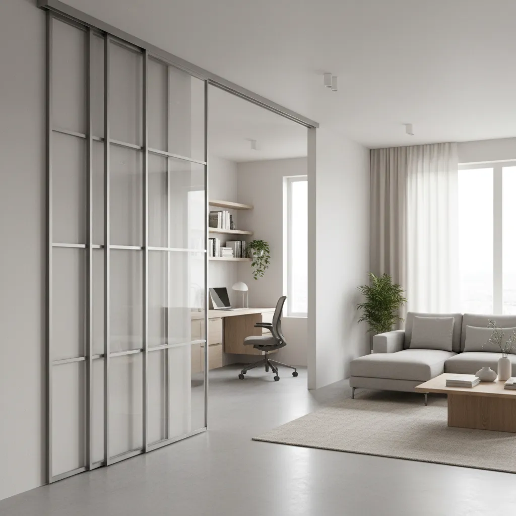 Telescopic multi panel sliding door system used in compact apartment layout